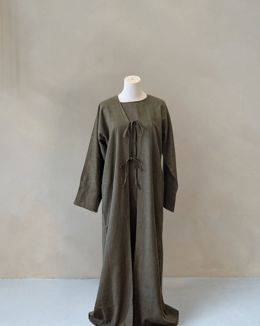 linen abaya in green by veilandco