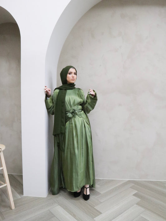 Olive Green Luxury Abaya (3 piece set)