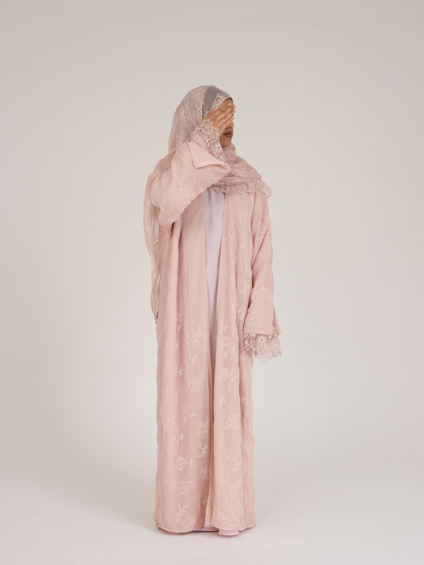 Jouri Lace Abaya - Pastel Pink & White