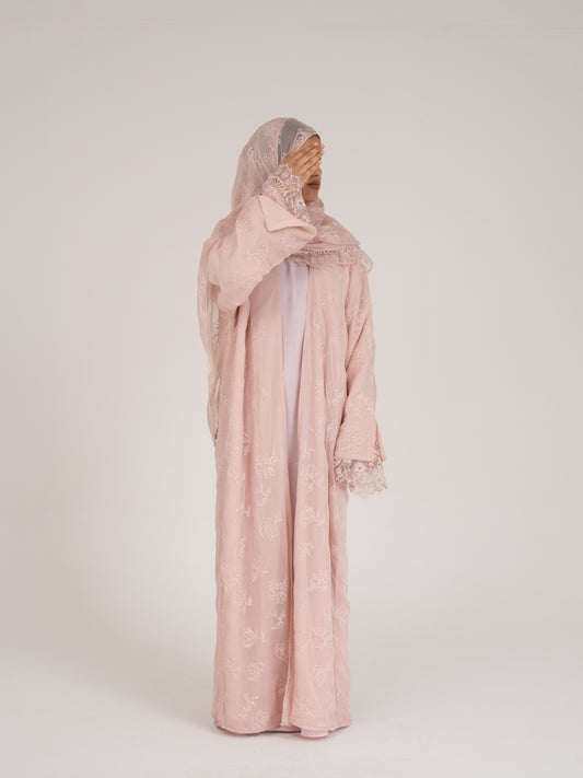 Jouri Lace Abaya - Pastel Pink & White