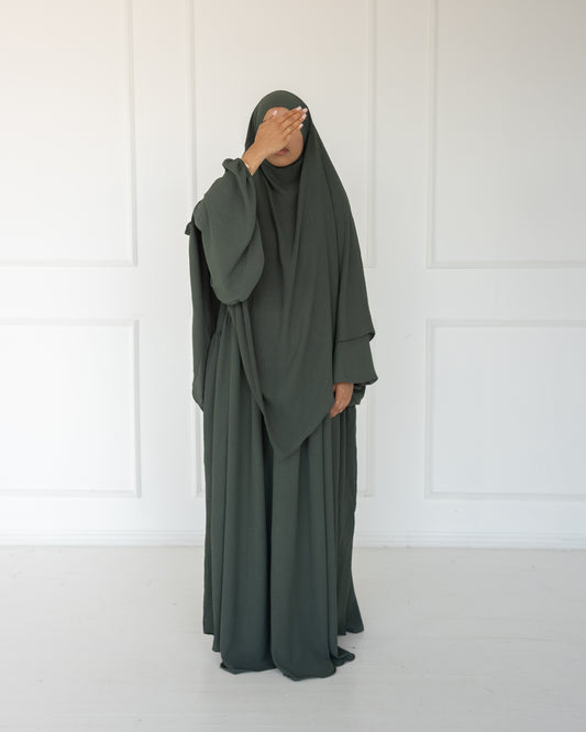 Noor Khimar/Abaya Set- Dark Sage Green