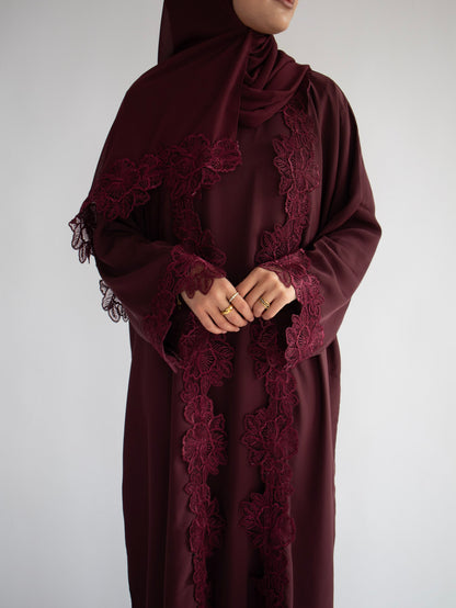 Serene Lace Abaya -  Dark Plum