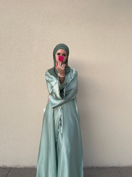 Layla Silk Abaya-Sage Green (3 piece set)