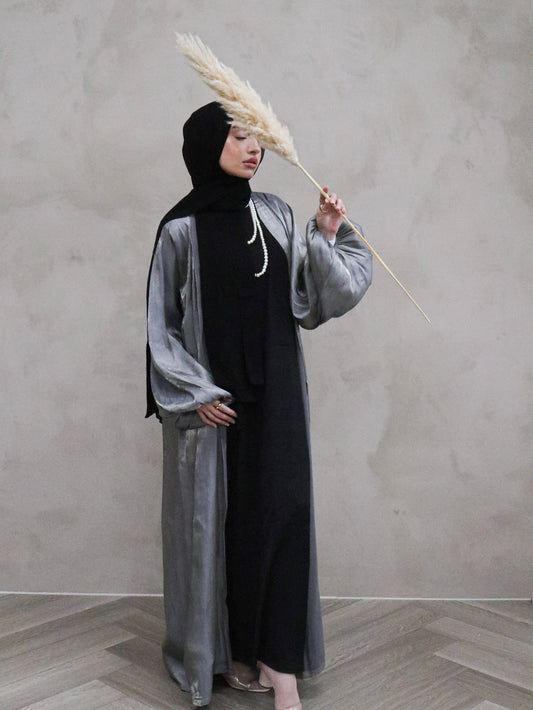 New**Grey Bubble Sleeve Abaya (3 piece set)